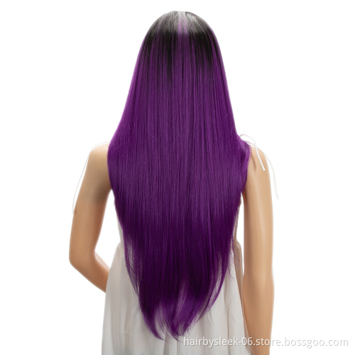 Purple Swiss T Lace Long Natural Hairline High Temperature Silky Straight Wave Lace Front Wigs Synthetic Hair Wigs For  Women